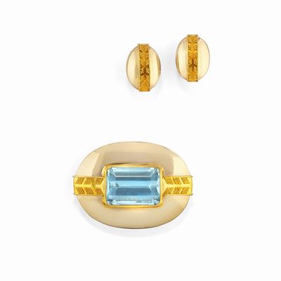 Demi-parure in oro 18K e 22K con acquamarina, orecchini a clip e spilla