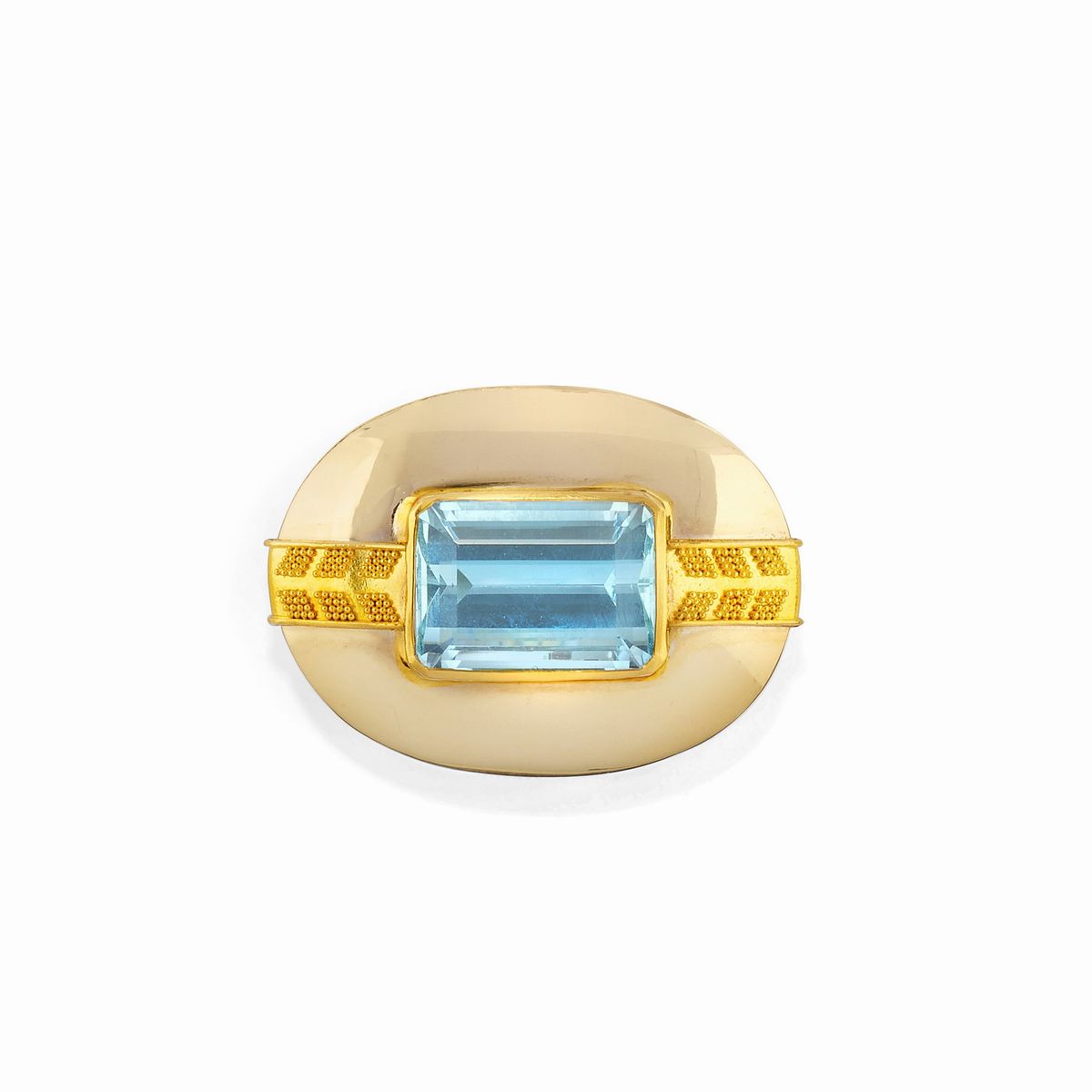 Demi-parure in oro 18K e 22K con acquamarina, orecchini a clip e spilla