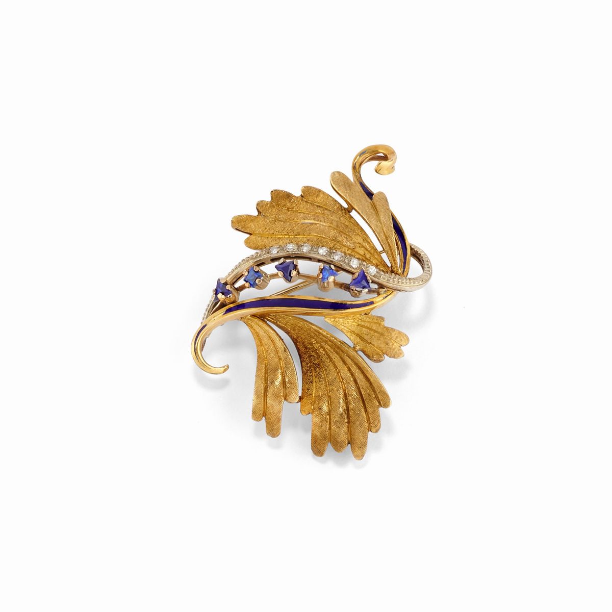 Demi-parure in oro giallo 18K con diamanti e zaffiri, composta da spilla e orecchini a clip