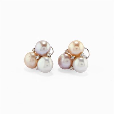 Orecchini in Oro Bianco 18k, Diamanti e Perle Coltivate