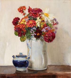 Siviero Carlo - Still life with vase of dahlias and potiche
