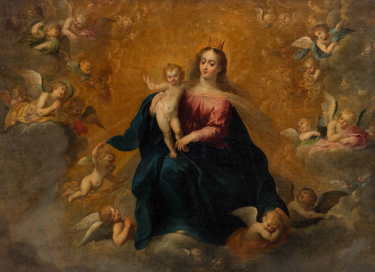 Scuola Fiamminga, Secolo XVII - Madonna con Bambino in Gloria tra Angeli
