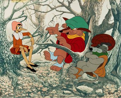 Un burattino di nome Pinocchio, tempera su rodovetro