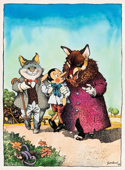 Pinocchio, il Gatto e la Volpe - matita, china e acquerello su cartoncino
