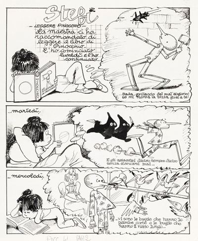 Leggere Pinocchio - Tavola originale in matita e china