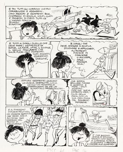 Tavola originale 'Leggere Pinocchio', matita e china su cartoncino