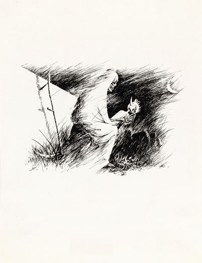 Pinocchio e la Morte, matita e china su cartoncino
