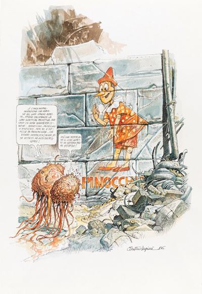 Pinocchio post apocalittico, matita, china e acquerello su cartoncino