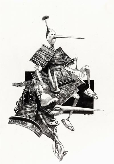 Pinocchio Samurai, matita e china su cartoncino