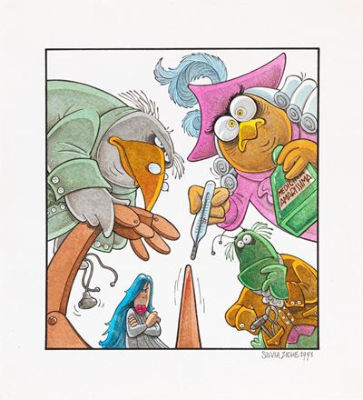 Pinocchio e i dottori, matita, china e ecoline su cartoncino