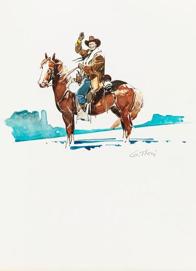Cavalcando con Tex, matita e acquerello su cartoncino