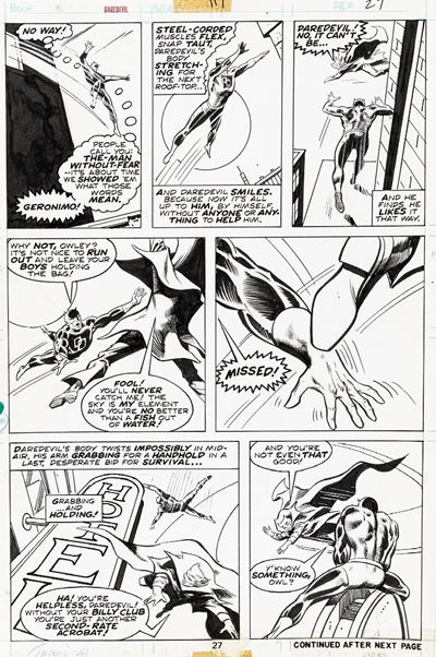 Daredevil - Mind Tap!, matita e china su cartoncino Marvel, 1974