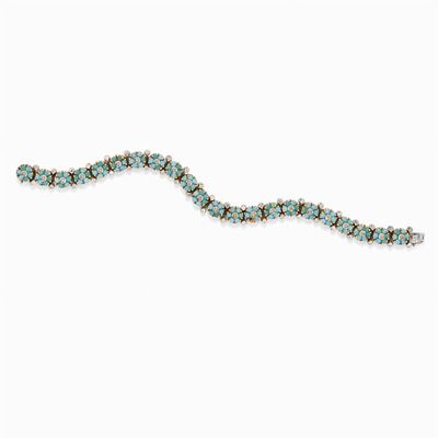 Demi Parure in Oro 18k, Turchesi e Diamanti, 1950 Circa