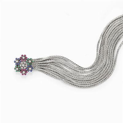 Demi Parure in Oro Bianco 18k, Diamanti, Rubini, Zaffiri e Smeraldi