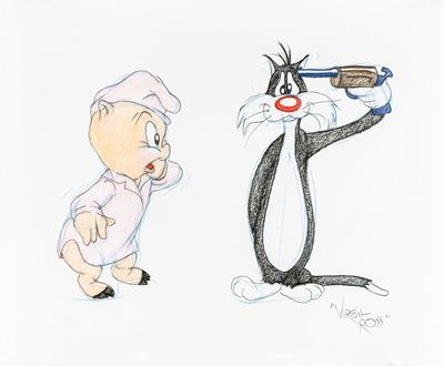 Porky Pig e Gatto Silvestro, matita e pastelli su carta