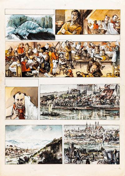 Le avventure di Giuseppe Pignata - Tavola originale, matita, china e acquerello su cartoncino, 19...