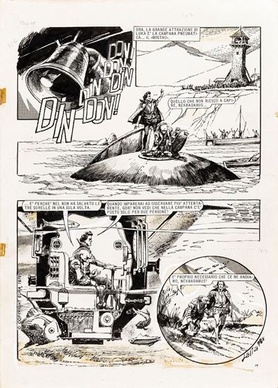 El monstruo del lago - Tavola originale, matita, china e retino su cartoncino, 1978