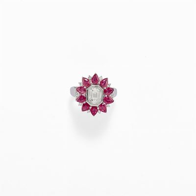 Anello in Oro Bianco 18k, Rubini e Diamanti