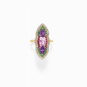 A 18K yellow gold, kunzite, diamond and color gemstone ring