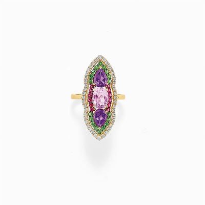 Anello in Oro Giallo 18k, Kunzite, Diamanti e Pietre di Colore