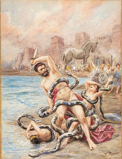L'Iliade - Laocoonte, matita, china, acquerello e tempera su cartoncino, 30 x 40 cm, 1930