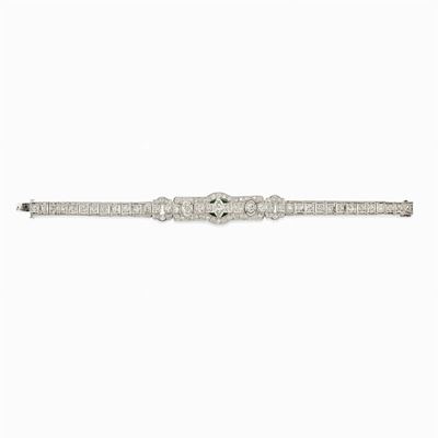 Bracciale in Oro Bianco 18k, Diamanti e Smeraldi, 1920 Circa