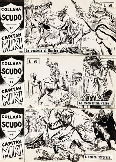Capitan Miki: Tre copertine originali in matita e china su cartoncino, 1959