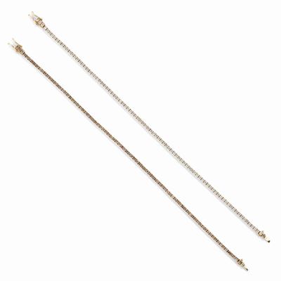 Coppia di bracciali tennis in oro rosso 18k con diamanti incolori e brown