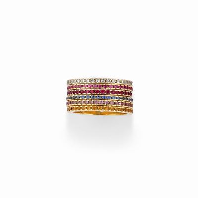 Anello in Oro Giallo 18k, Diamanti e Pietre di Colore