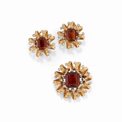 Demi-parure in oro bicolore 18K con quarzi e diamanti taglio huit-huit