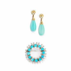 A 18k two-color gold, diamond, turquoise and turquoise paste brooch and earrings