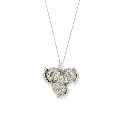 Collana con pendente-spilla in oro bianco 18K, diamanti taglio vecchio e baguette