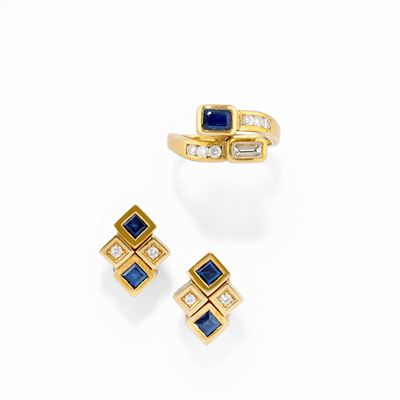 Demi-parure in oro giallo 18k con zaffiri e diamanti