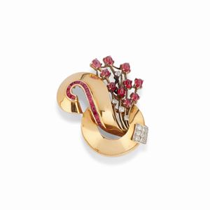 A 18k two-color gold, ruby and diamond brooch, circa 1940