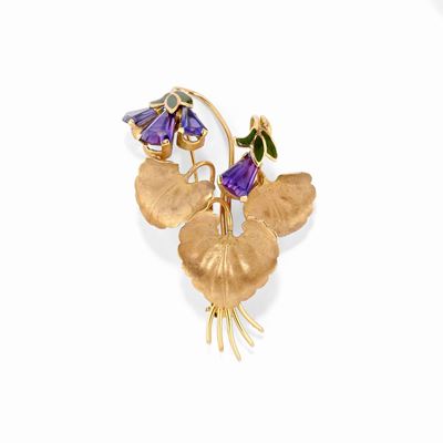 Spilla in oro giallo 18K con smalto e pietre dure, design floreale