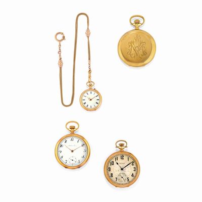 Quattro orologi da tasca in oro giallo 14K e 18K con movimenti a carica manuale