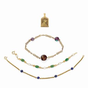 Lot of 18k yellow gold, gemstone, enamel and cultured pearl three bracelets and one pendant