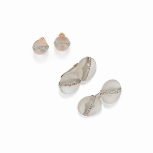 Set da sparato in oro bicolore 18K, cristallo di rocca e diamanti