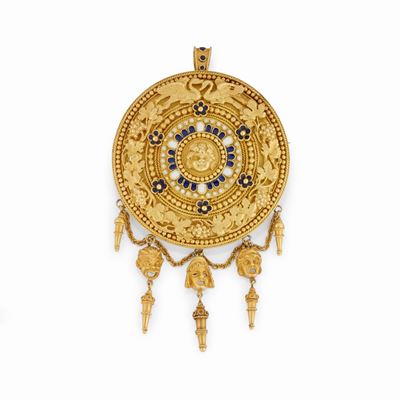 Pendente-spilla in oro giallo 18K con smalto e decorazioni a boules