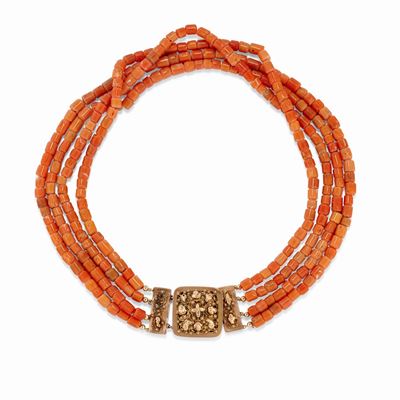 Collana in corallo arancio e oro rosso 9K, quattro fili con fermezza quadrata
