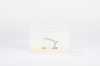 Maquette for smoking cigarette #1, liquitex su cartoncino applicato su tavola sotto plexiglas
