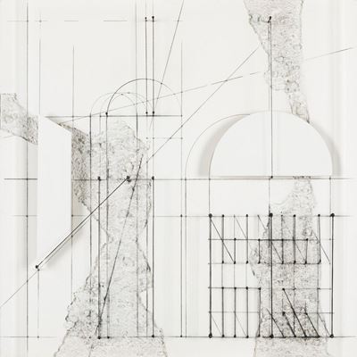 La città del sole, tecnica mista e collage su tavola sotto plexiglas
