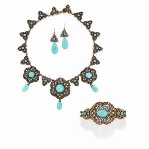 A silver, 18K yellow gold, turquoise and diamonds parure, with necklace, bracelet and earrings