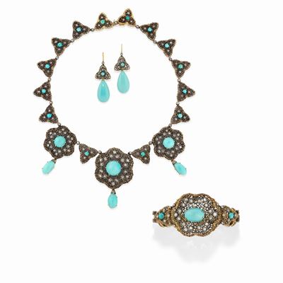 Parure in argento e oro giallo 18K con turchesi e diamanti, XIX secolo
