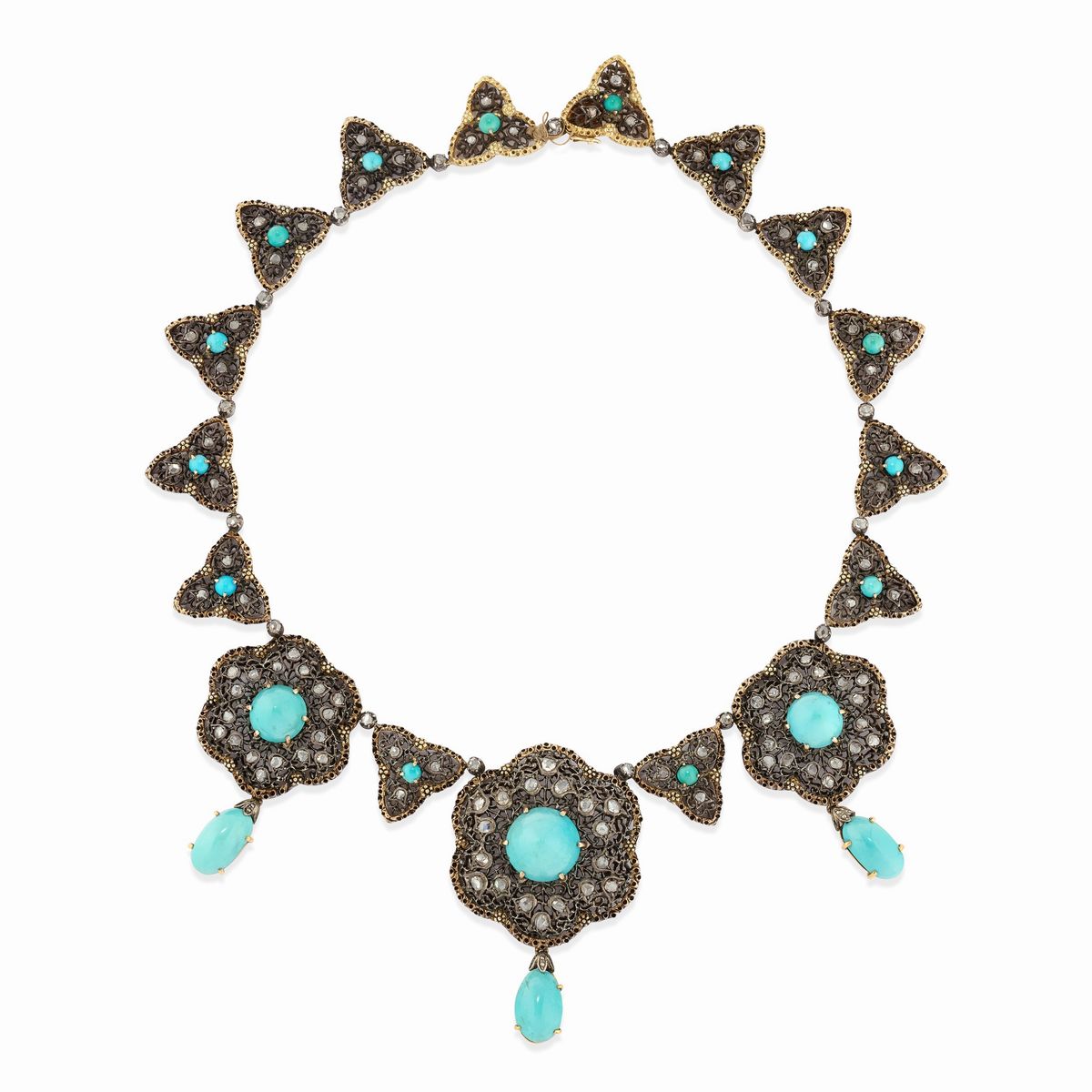 Parure in argento e oro giallo 18K con turchesi e diamanti, XIX secolo