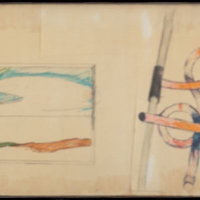 Senza titolo, pennarelli, grafite e collage su carta applicata su tavola
