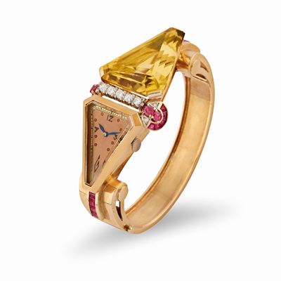 Orologio da cocktail, anni '30, cassa esagonale in oro rosa 14k con diamanti e rubini