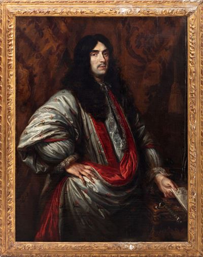 Ritratto di Nobiluomo a Tre Quarti di Figura, con Lettera in Mano, in Toga di Seta Grigia e Porpo...