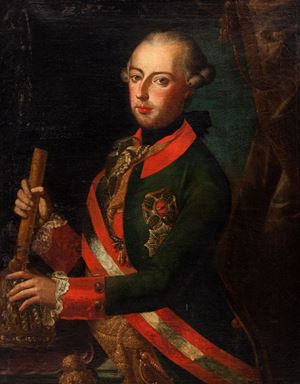 Scuola italiana, secolo XVIII - Ritratto dell'Imperatore Giuseppe II d'Asburgo-Lorena, a tre quarti di figura con bastone di comando, corona e toson d'oro