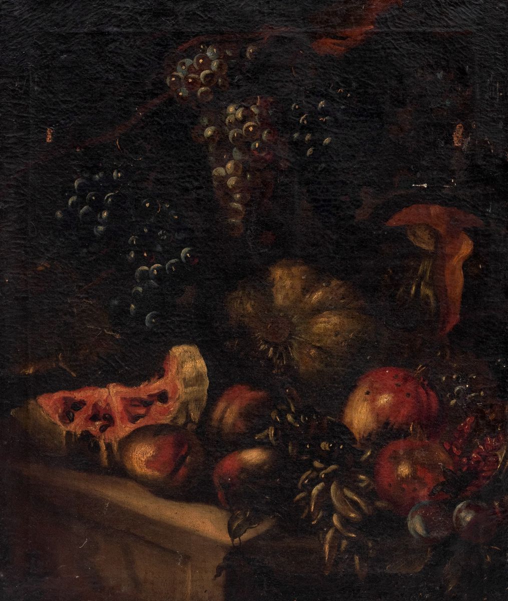 Scuola romana, secolo XVII - Uve, zucche, melagrane, anguria e altri ...